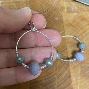 Purple and grey beaded hoop earrings. Handmade earrings